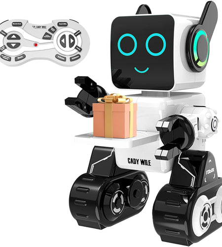 Rechargeable RC Robot Toy for Kids - Interactive Intelligent LED Light, Speaks, Dances, Built-In Coin Bank (White)