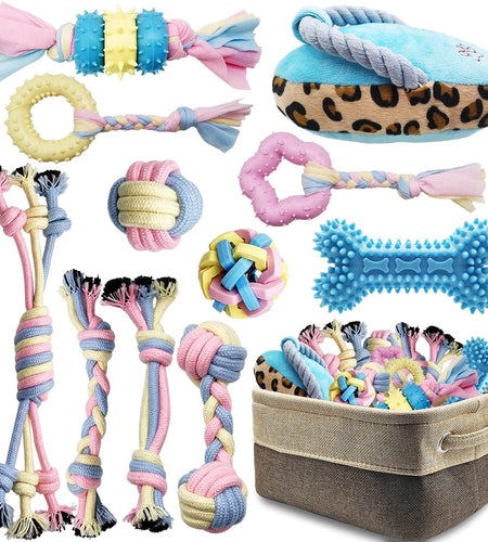 Puppy Toys Interactive Dog Toys Dog Chew Toy Puppy Teething Chew Toys Puppy Supplies Small Dog Toys Rope Balls Dental Teeth Cleaning Toothbrush Squeaky Puzzle Tug Pet Stuff and Toys Storage Basket