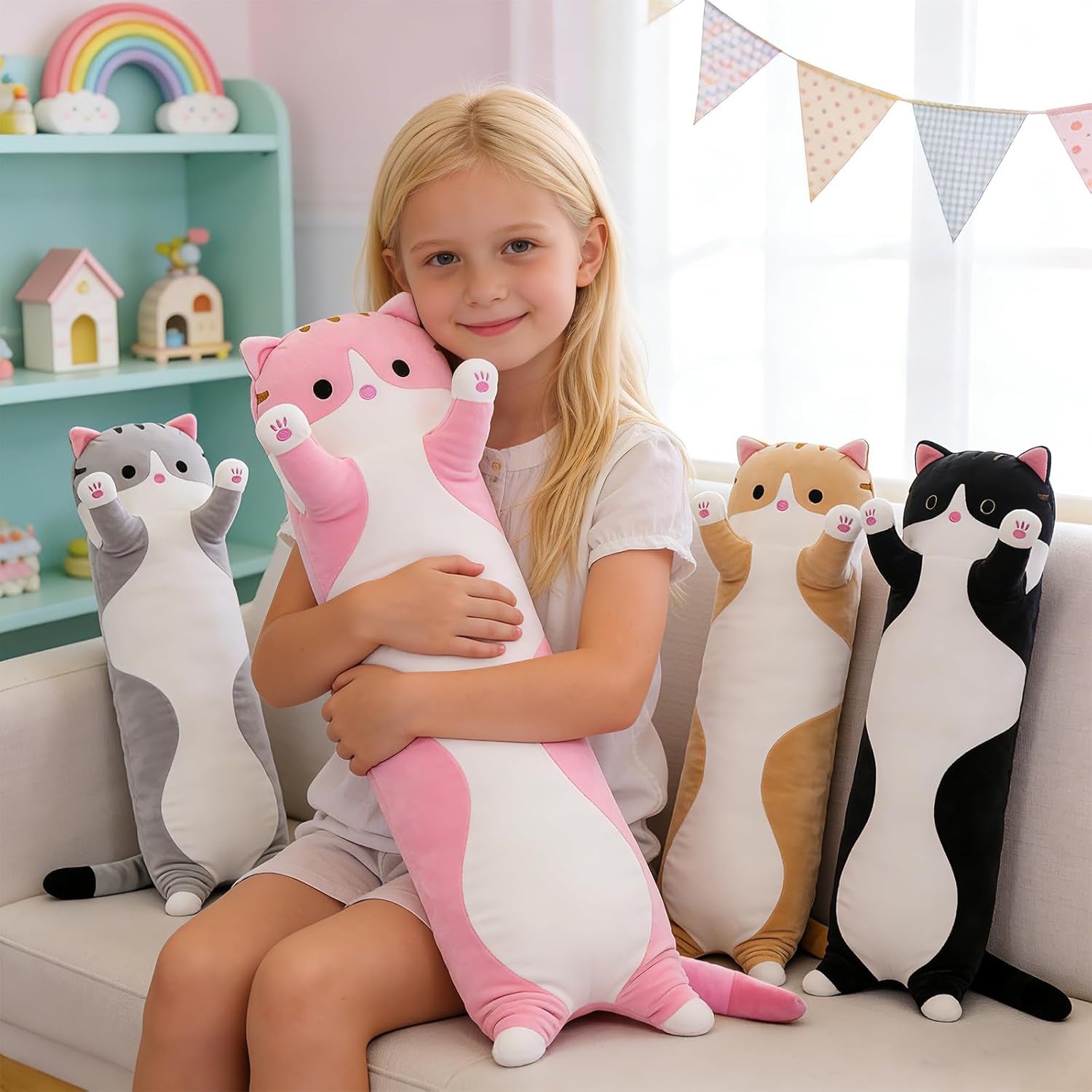 Cat Soft Pillow Plush Long Throw Sleeping Pillow Cotton Kitten Pillow Cuddly Stuffed Cute Plush Doll Gift for Girlfriend (Gray, 19.7Inch)