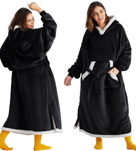 Blanket Hoodie Gifts for Men - Long-Length Wearable Hooded Blanket Sweatshirt Adult with Side Split and Belt, Warm Sherpa Fleece Blanket Jacket, Black