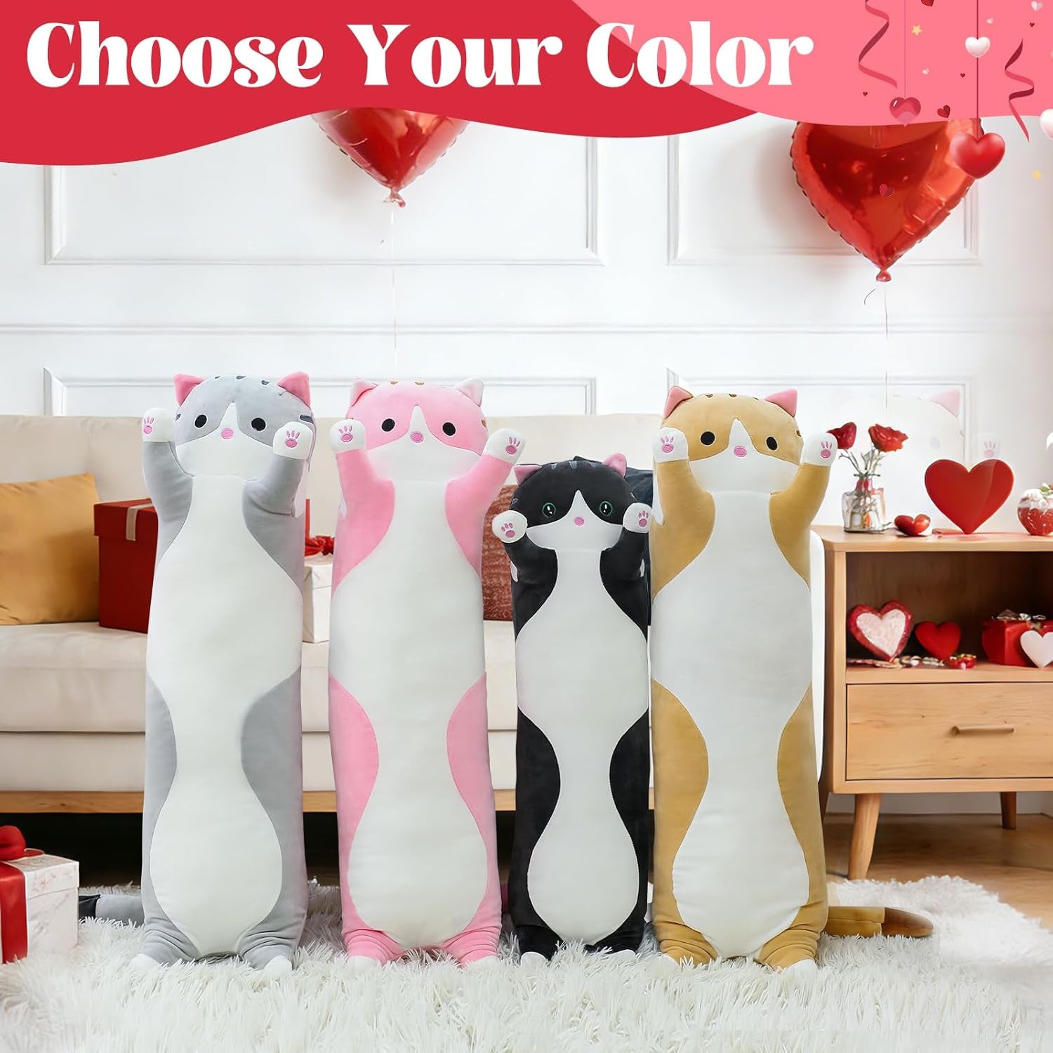 Cat Soft Pillow Plush Long Throw Sleeping Pillow Cotton Kitten Pillow Cuddly Stuffed Cute Plush Doll Gift for Girlfriend (Gray, 19.7Inch)